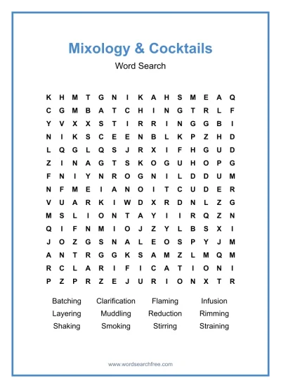 Printable Mixology & Cocktails Word Search worksheet
