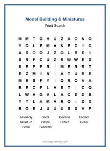 Model Building & Miniatures Word Search - Free printable puzzle with 10 words