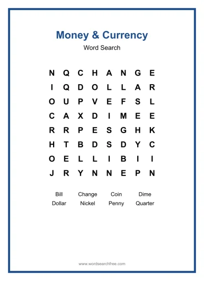 Printable Money & Currency Word Search worksheet
