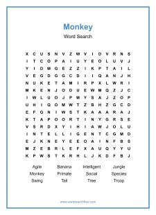 Monkey Word Search - Free printable puzzle with 12 words