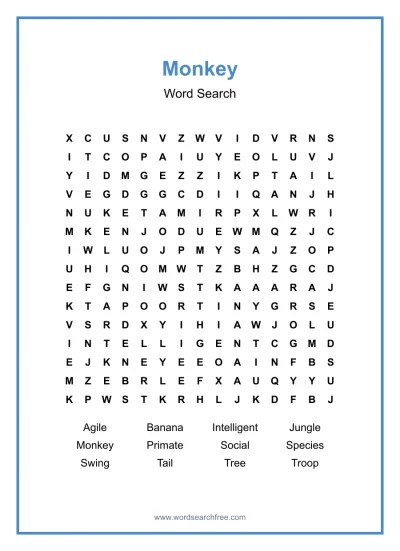 Printable Monkey Word Search worksheet