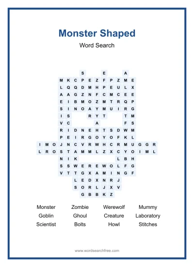 Printable Monster Shaped Word Search worksheet
