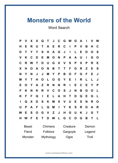 Printable Monsters of the World Word Search worksheet
