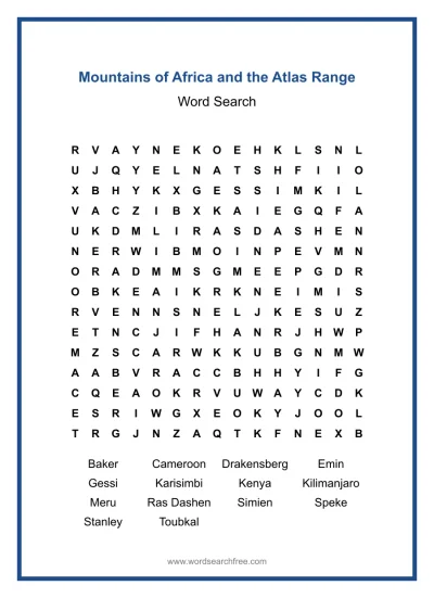 Printable Mountains of Africa and the Atlas Range Word Search worksheet