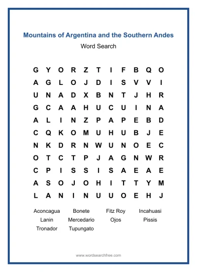Printable Mountains of Argentina and the Southern Andes Word Search worksheet