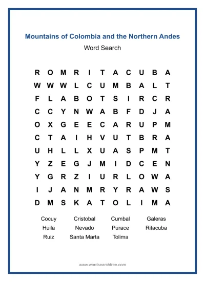 Printable Mountains of Colombia and the Northern Andes Word Search worksheet
