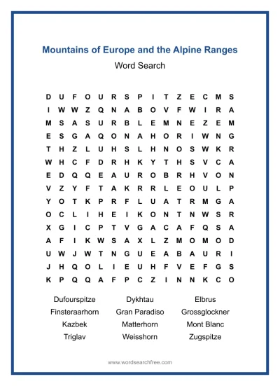 Printable Mountains of Europe and the Alpine Ranges Word Search worksheet