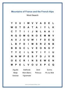Mountains of France and the French Alps - Medium Word Search Puzzle