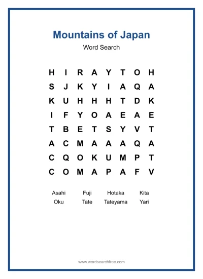 Printable Mountains of Japan Word Search worksheet