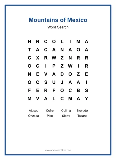 Printable Mountains of Mexico Word Search worksheet