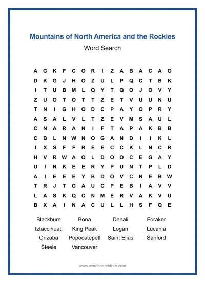 Printable Mountains of North America and the Rockies Word Search worksheet