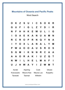 Mountains of Oceania and Pacific Peaks - Medium Word Search Puzzle