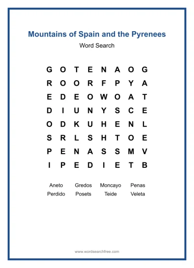 Printable Mountains of Spain and the Pyrenees Word Search worksheet