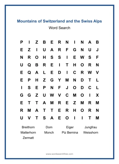 Printable Mountains of Switzerland and the Swiss Alps Word Search worksheet