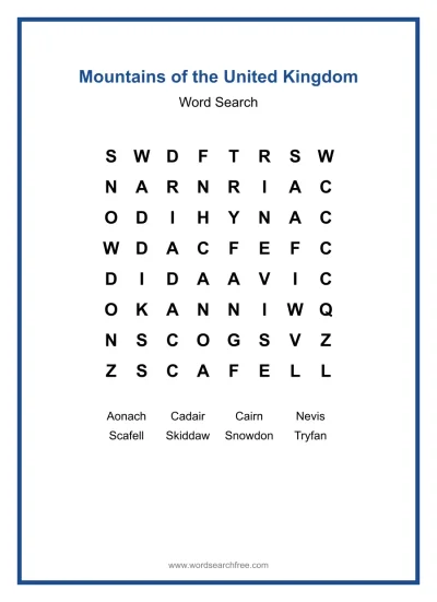 Printable Mountains of the United Kingdom Word Search worksheet