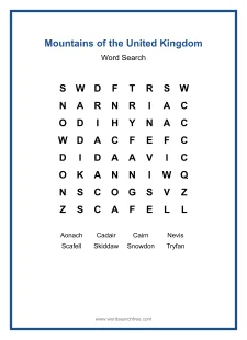 Mountains of the United Kingdom - Easy Word Search Puzzle