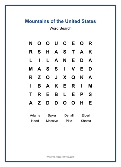 Printable Mountains of the United States Word Search worksheet