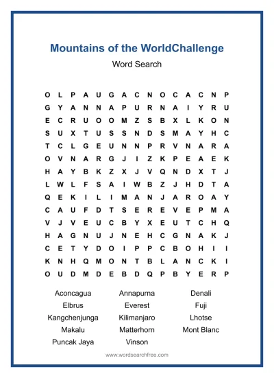 Printable Mountains of the World Challenge Word Search worksheet