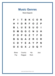 Music Genres Word Search - Free printable puzzle with 7 words