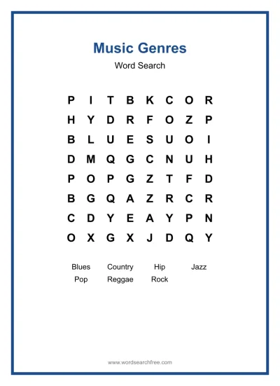Printable Music Genres Word Search worksheet