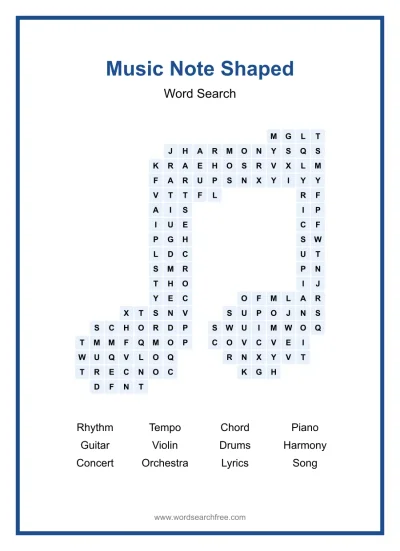 Printable Music Note Shaped Word Search worksheet