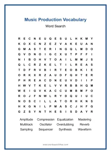 Music Production Vocabulary Word Search - Free printable puzzle with 12 words