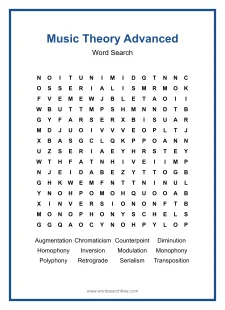Music Theory Advanced Word Search - Free printable puzzle with 12 words
