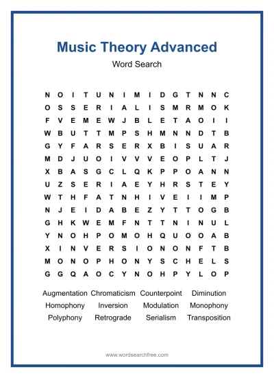 Printable Music Theory Advanced Word Search worksheet