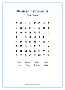 Musical Instruments Word Search - Free printable puzzle with 8 words