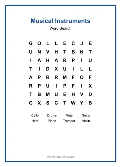 Printable Musical Instruments Word Search worksheet
