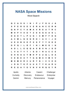 NASA Space Missions Word Search - Free printable puzzle with 12 words