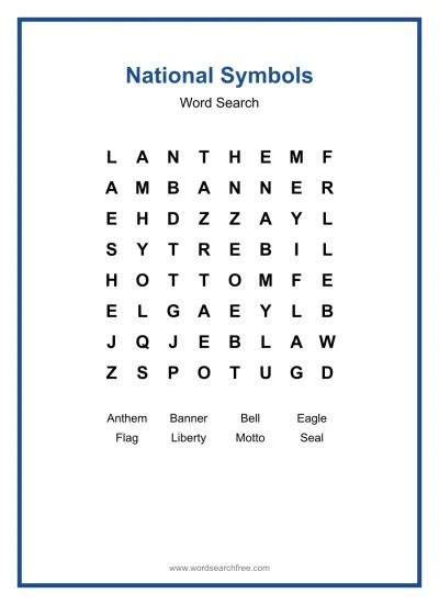 Printable National Symbols Word Search worksheet