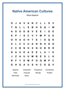 Native American Cultures Word Search - Free printable puzzle with 10 words