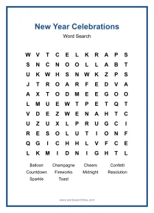 New Year Celebrations Word Search - Free printable puzzle with 10 words