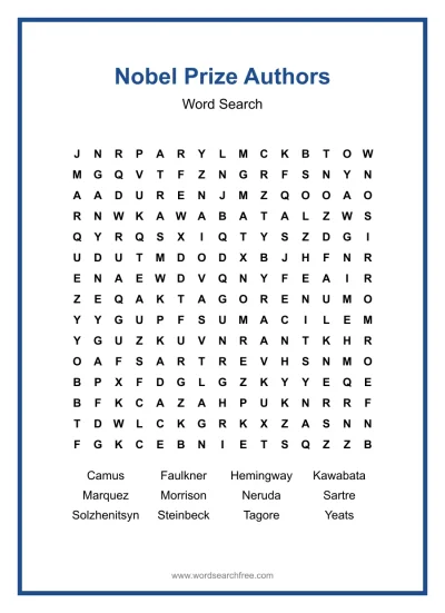 Printable Nobel Prize Authors Word Search worksheet