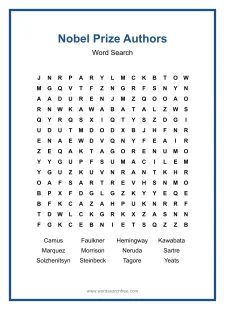Nobel Prize Authors Word Search - Free printable puzzle with 12 words
