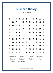 Number Theory Word Search - Free printable puzzle with 10 words