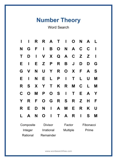 Printable Number Theory Word Search worksheet
