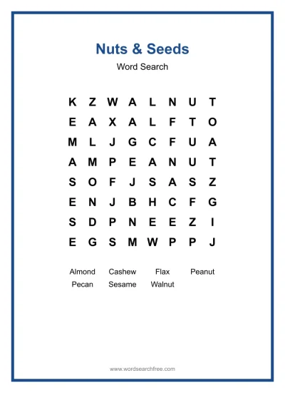 Printable Nuts & Seeds Word Search worksheet