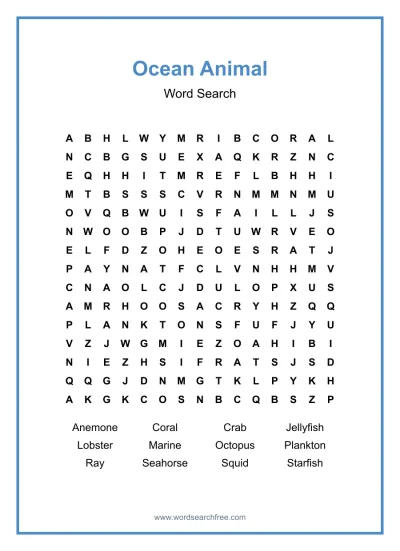 Printable Ocean Animal Word Search worksheet