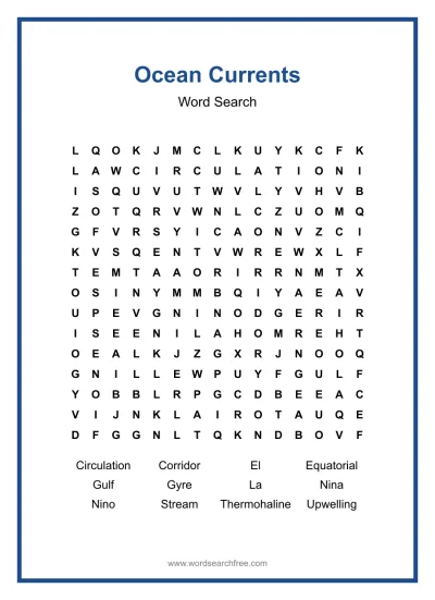 Printable Ocean Currents Word Search worksheet