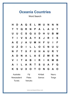Oceania Countries Word Search - Free printable puzzle with 10 words