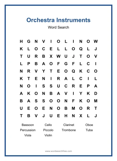 Printable Orchestra Instruments Word Search worksheet