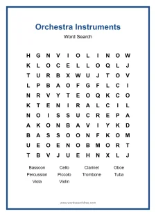Orchestra Instruments Word Search - Free printable puzzle with 10 words