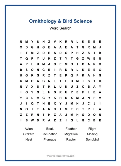 Printable Ornithology & Bird Science Word Search worksheet