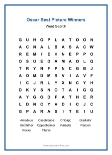 Oscar Best Picture Winners - Medium Word Search Puzzle