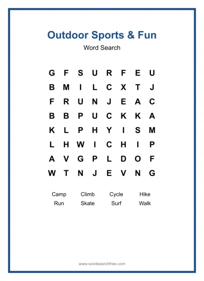 Printable Outdoor Sports & Fun Word Search worksheet