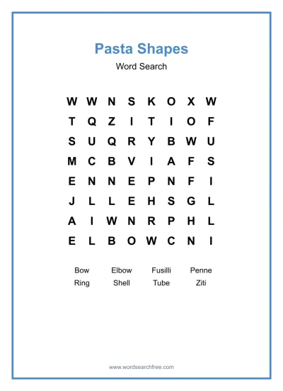 Printable Pasta Shapes Word Search worksheet