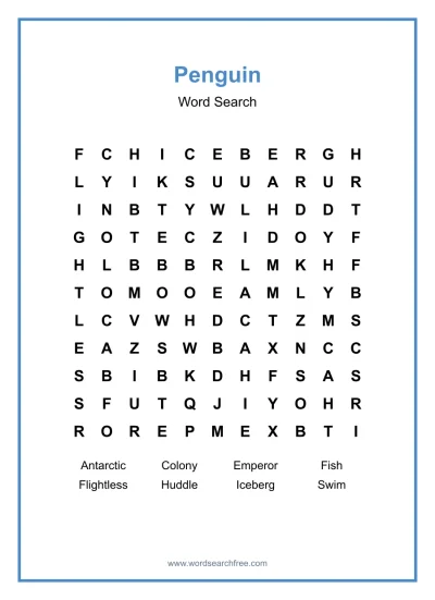 Printable Penguin Word Search worksheet