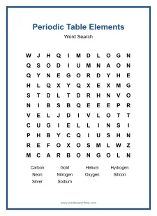 Periodic Table Elements Word Search - Free printable puzzle with 10 words
